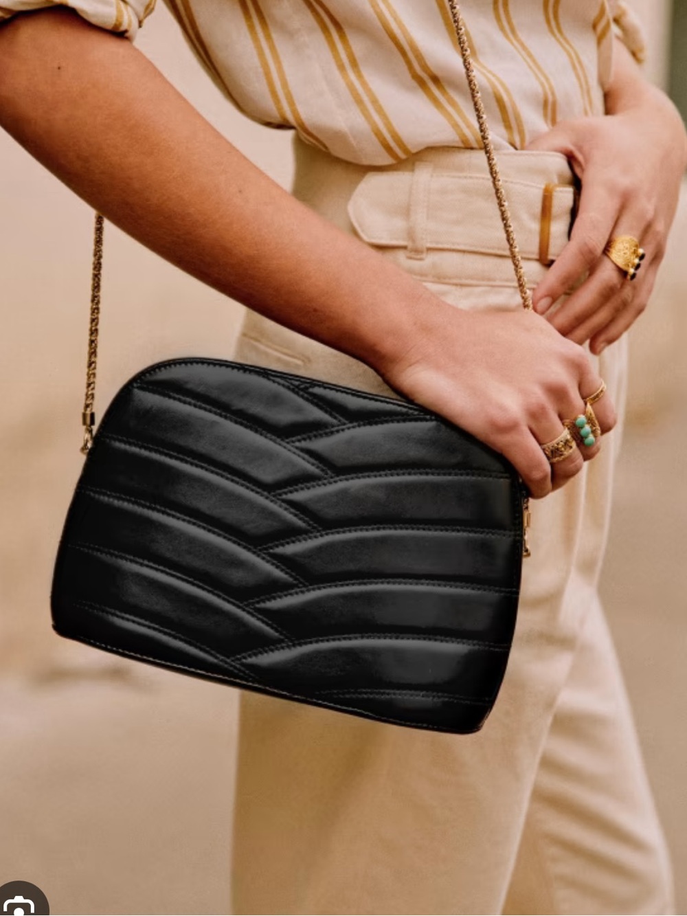 Sezane Black Quilted Crossbody with Gold Chain